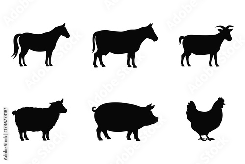 Diverse farm animal silhouettes collection horse cow goat sheep pig chicken icons