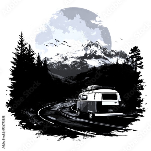 Vintage van drives down winding road through mountain landscape at sunset behind tall trees