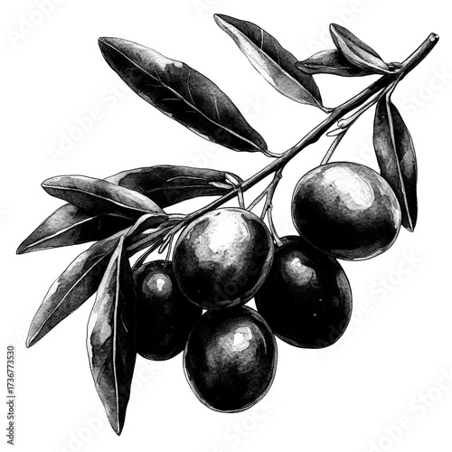 Olive branch with and olives captured in a botanical illustration style at midday