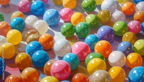 A vibrant display of numerous glossy, colorful spheres, arranged in a dense pattern, reflecting light and creating a joyful mood.