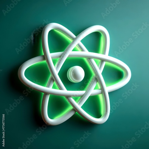 atom symbol with glowing accents on a background illuminating a modern space environment