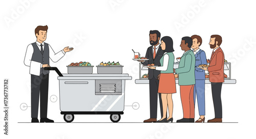 Office Buffet, Business Lunch, Serving Staff: Diverse Professionals Selecting Their Meals