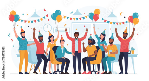 Office Celebration: Happy Colleagues Rejoicing Fun Party Balloons Decorations In the Workplace