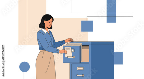 Office worker searching for documents in the filing cabinet illustration concept