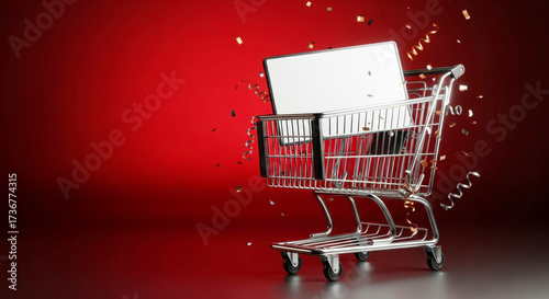 Shopping cart with Black Friday sale tag on red background with confetti
