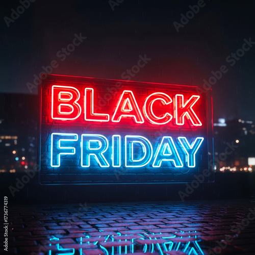 Neon sign displaying black friday sale text in red and blue colors at night