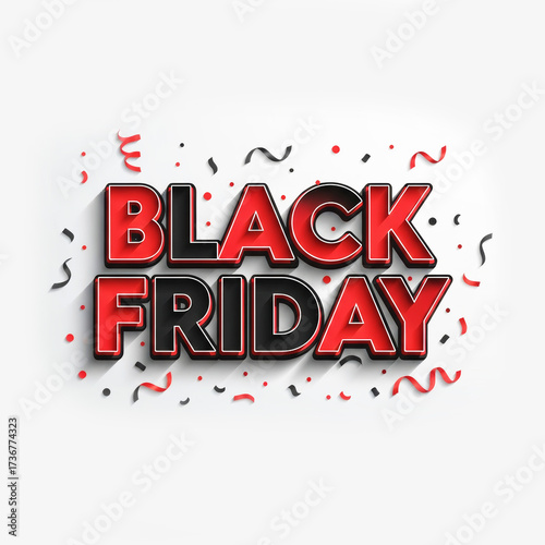 3D black and red text Black Friday sale with confetti on white background