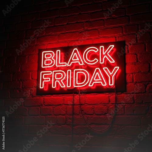 Red neon Black Friday sale sign on dark brick wall