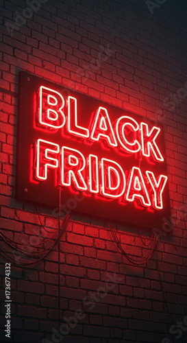 Red neon Black Friday sale sign on dark brick wall at night