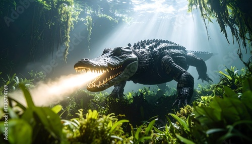 Giant Alligator Breathing Fire in a Lush Green Jungle Scene