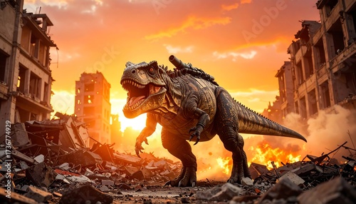 Giant Creature Stalking Ruins at Sunset, Powerful and Destructive