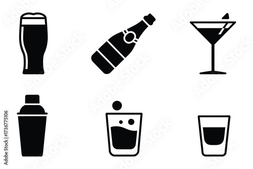 Collection of six bar drink icons featuring beer glass martini bottle shaker cocktail and shot glass