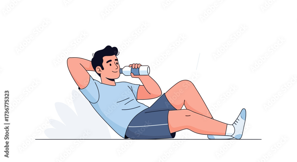 Obraz premium Man Hydrating After Training While Doing Exercise Resting on Ground Illustration
