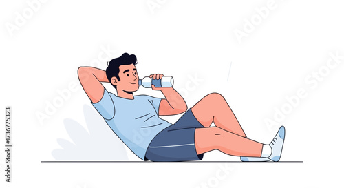 Man Hydrating After Training While Doing Exercise Resting on Ground Illustration