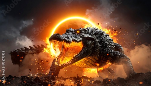 Giant Crocodile Roaring with Fire Against a Glowing Background