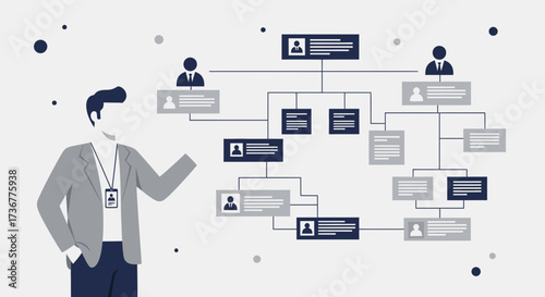 Organizational Structure Diagram of a Company Represented by a Person Pointing at Charts