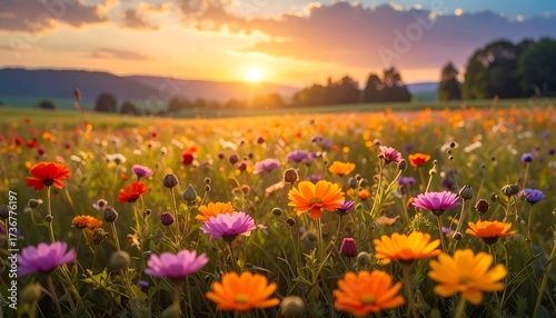 A vibrant field of wildflowers bursts with color at sunset, showcasing a breathtaking array of hues.