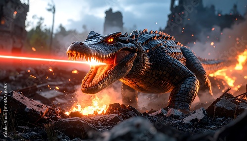 Giant Reptilian Creature Breathing Energy in a Destroyed Landscape