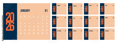 2026 Horizontal Calendar template, layout monthly pages of 12 months in modern bold design. Simple planner starting with Sunday.