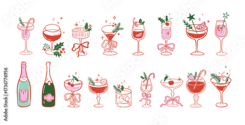 Christmas cocktail party hand-drawn vintage illustrations
