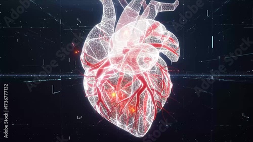 Wireframe heart with red veins is on a black background.Concept of life and vitality