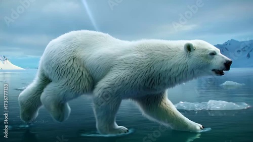 Polar bear in frozen landscape and icy lake