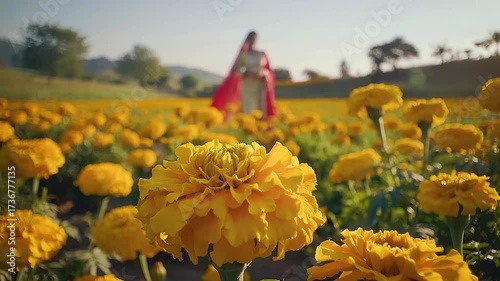 Marigold field blossoms and walking Indian woman dressed in elegant traditional attire