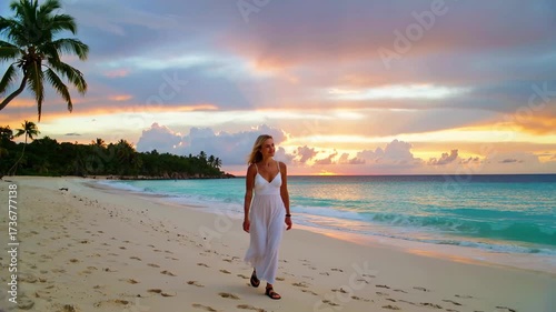 Long shot of a woman walking on a tropical beach against the backdrop of a sunset.