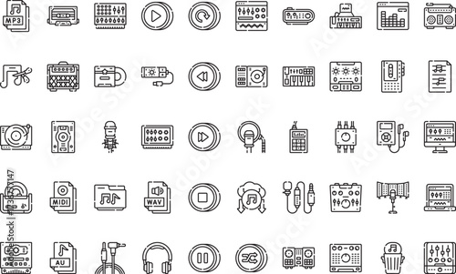 Music production and editing Icons Modern Illustration Symbol Design Template for Web and Mobile UI. Editable Stroke Pictogram for Business Projects and Apps.