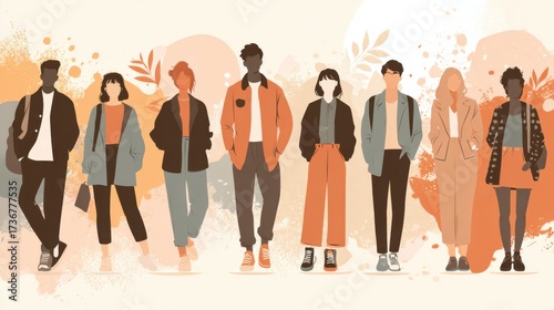Group of young adults showcasing a mix of fashion styles, each standing confidently against a soft, artistic backdrop filled with warm colors and shapes