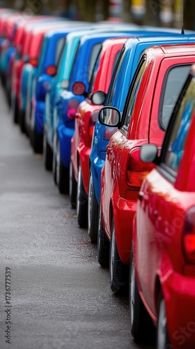 Wallpaper Mural Line of parked colorful cars in red, blue, and turquoise on asphalt road shows close proximity of vehicles during the daytime Torontodigital.ca