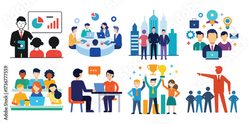 Diverse business team illustrations showcasing teamwork presentations success and collaboration in various scenes