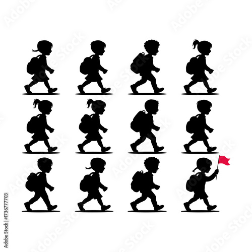 Silhouettes of people or children reading books, Isolated diverse kids with backpacks walking to school, women and children, education concept, learning, knowledge, library scene, study time