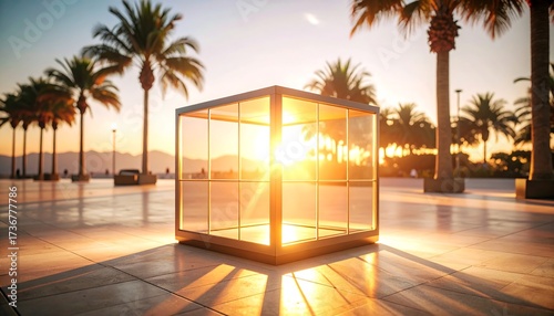 Glass Cube with Golden Light and Palm Trees at Sunset