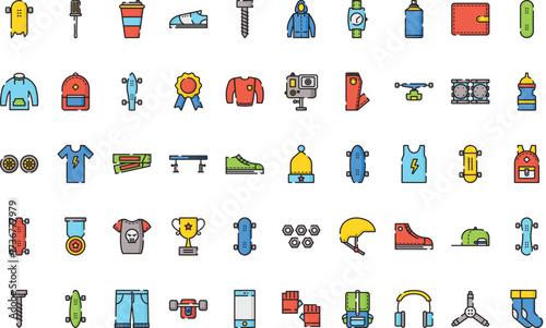 Skateboarding and sports equipment Icons Modern Illustration Symbol Design Template for Web and Mobile UI. Editable Stroke Pictogram for Business Projects and Apps.