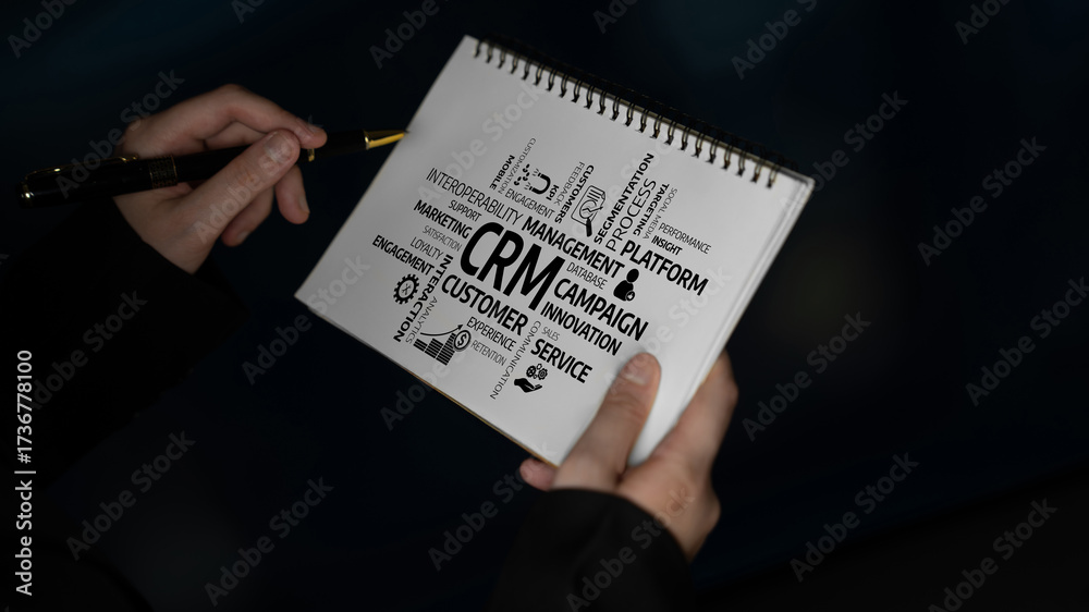 Fototapeta premium A person holds a notebook displaying various key concepts related to CRM, highlighting customer service and management strategies against a moody background. Tessel
