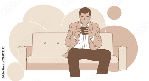 Man in suit sitting on sofa holding a mug with coffee taking a break