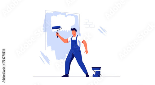 Painter Applying Paint With a Roller on the Wall for Home Improvement Work