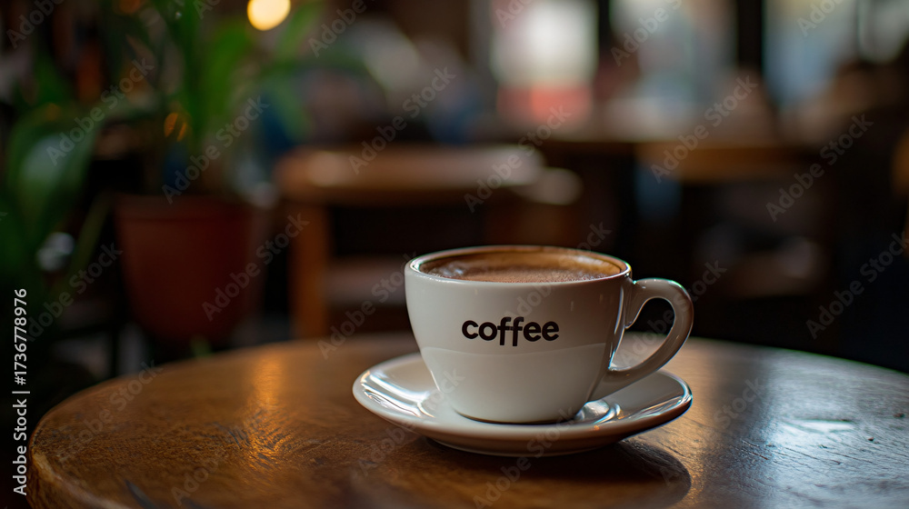 Fototapeta premium A cup of coffee with beans and latte art in a cafe atmosphere