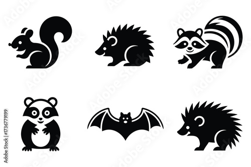 Collection of six stylized wild animal silhouettes including squirrel raccoon skunk and bat