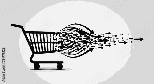 Shopping cart with arrows flowing out, representing sales and distribution