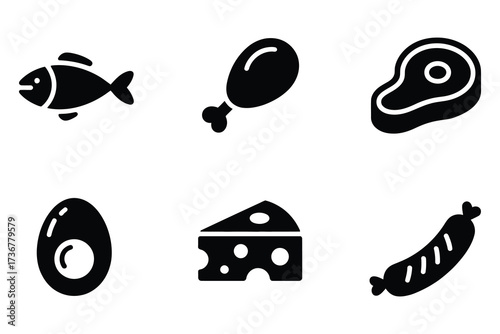 Set of six common food icons silhouette including fish chicken leg steak egg cheese and sausage