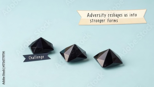 Three Geometric Obsidian Crystals on a Light Blue Background