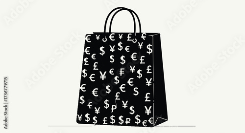 Stylish black shopping bag adorned with various global currency symbols, representing finance and international commerce.