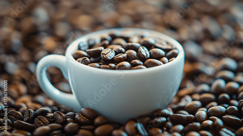 A cup of coffee with beans and latte art in a cafe atmosphere