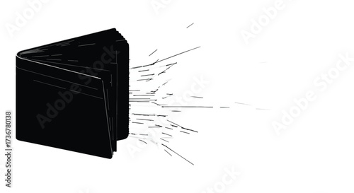Black wallet with outgoing lines representing money or data flow against a white background.
