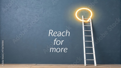 White ladder reaching toward a glowing light circle on blue wall