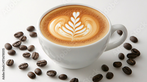 A cup of coffee with beans and latte art in a cafe atmosphere
