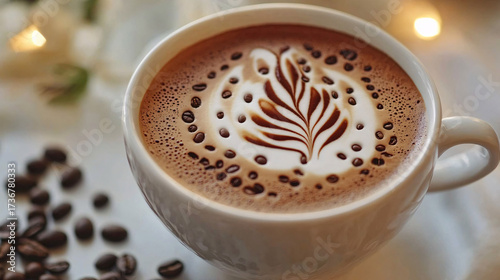 A cup of coffee with beans and latte art in a cafe atmosphere
