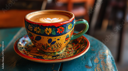 A cup of coffee with beans and latte art in a cafe atmosphere